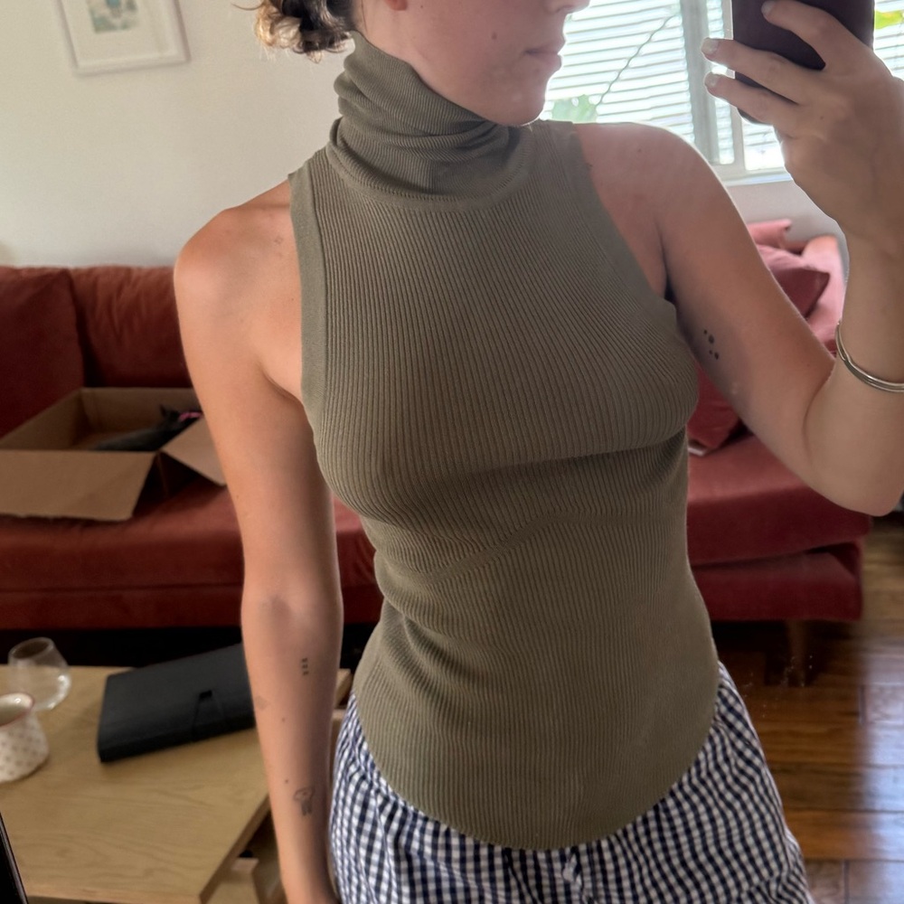 Olive Green Sleeveless Turtleneck Top